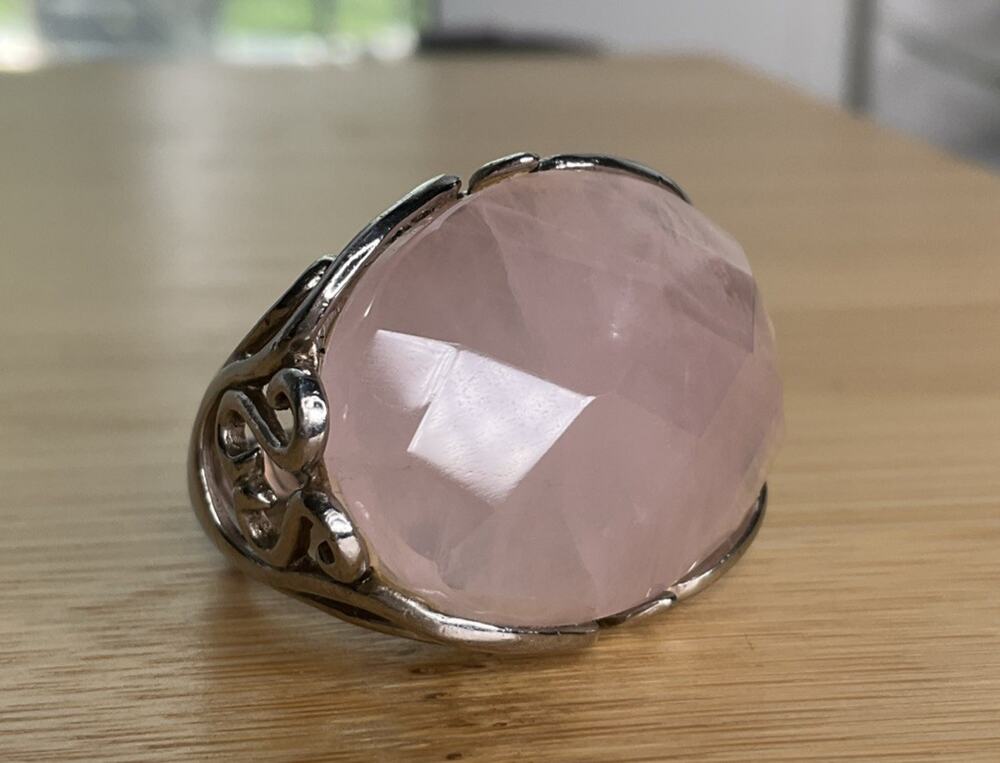 Vintage Sterling Silver Pink Faceted Rose Quartz Statement Ring Size 8.5